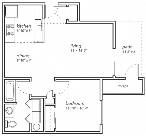 Floor plan for 1 bed, 1 bath, 658 sqft